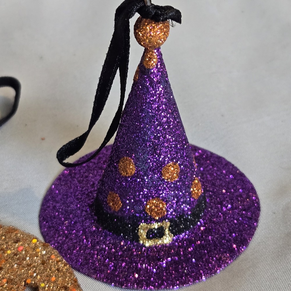 Halloween Glitter Ornament Lot Witch Boot Hat Jack O Lantern Spider Set of 3 - Picture 6 of 8